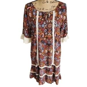 Matilda Jane Floral Print‎ Dress Brown Boho Peasant Style Lace Trim Detail Large